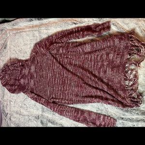 Maroon open sweater with frills on the bottom